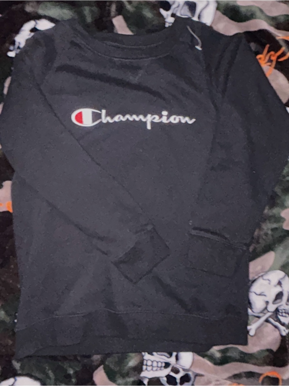 Champion Black Crewneck with Script Logo and Red Accent